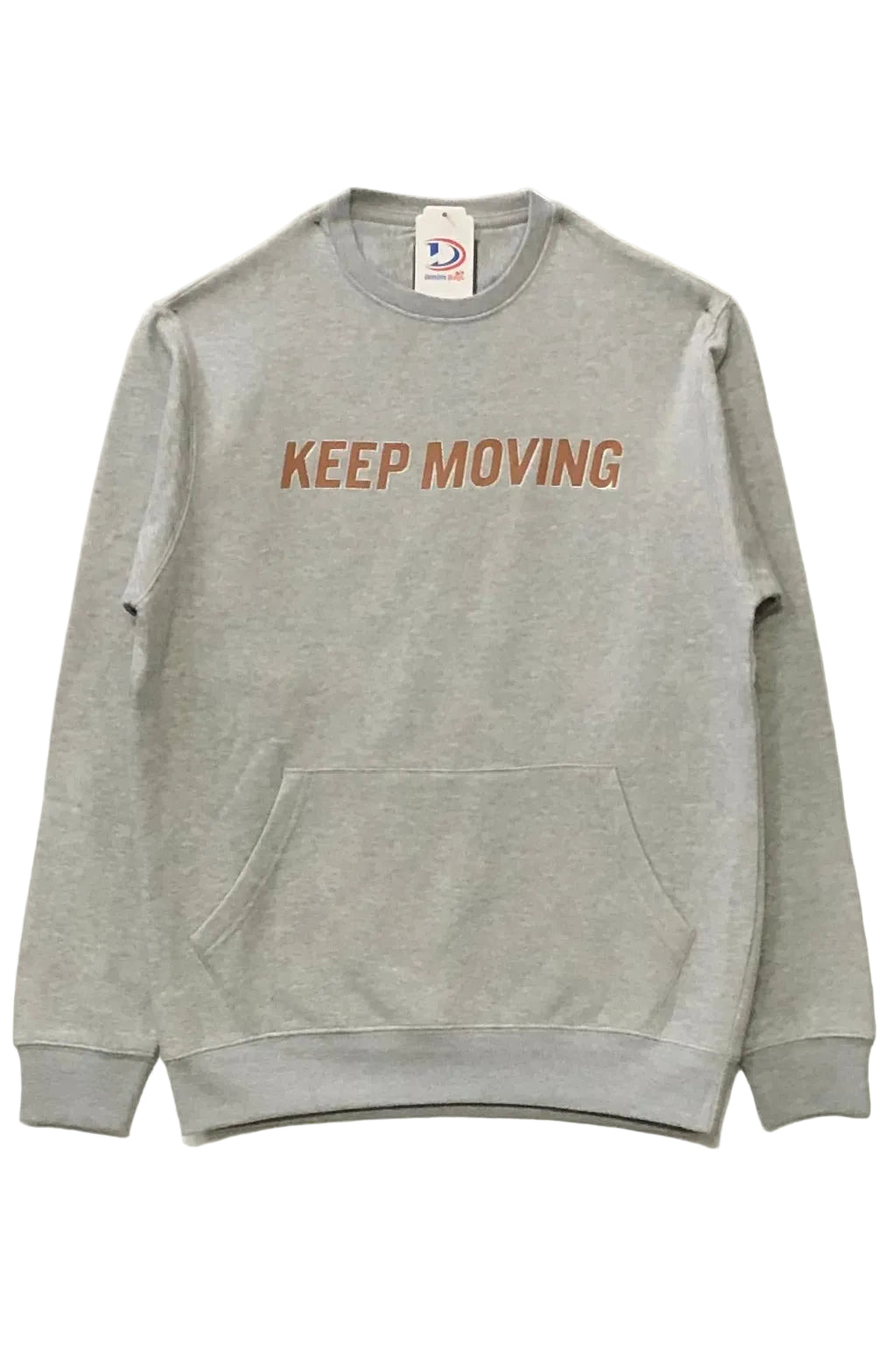 Gray sweatshirt with 'KEEP MOVING' text on a white background