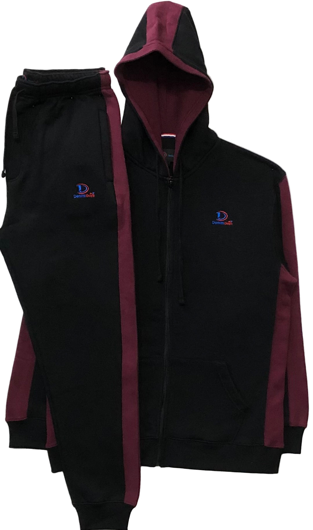 Black and maroon tracksuit with a logo on a white background