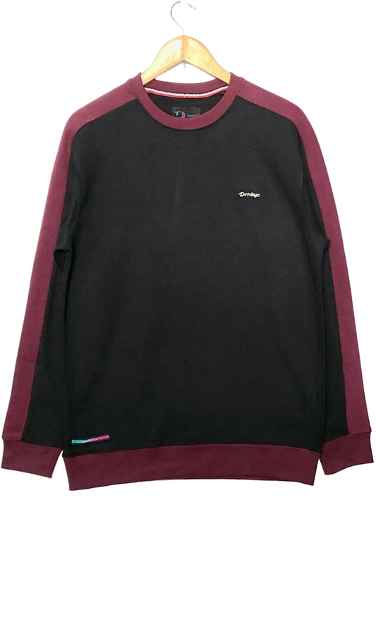 Black sweatshirt with maroon sleeves on a hanger against a white background