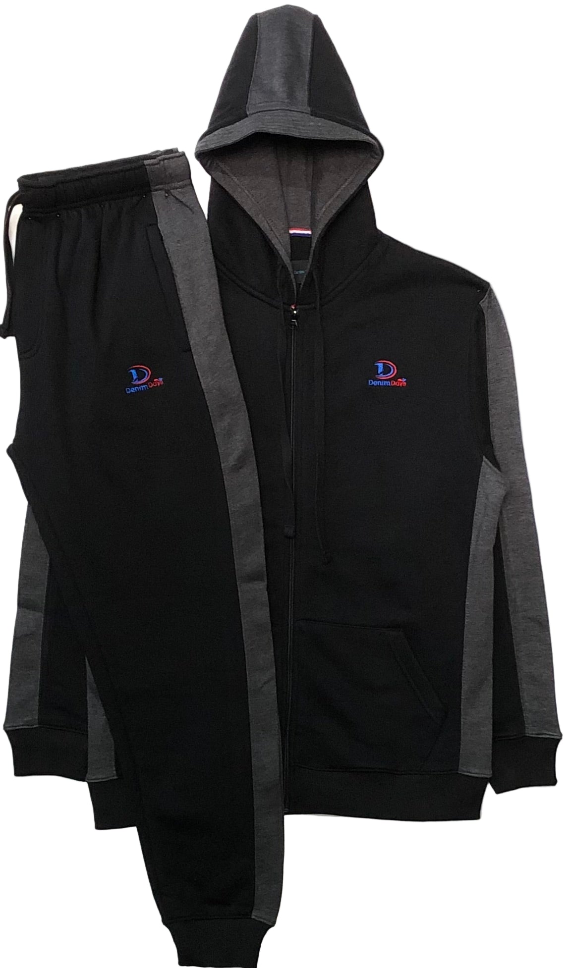 Black and gray tracksuit with logos on a white background