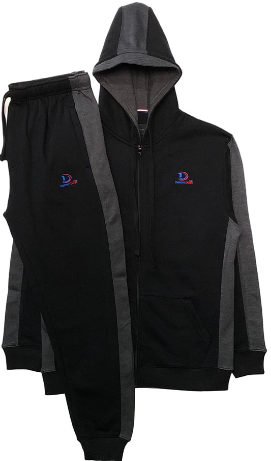 Black and gray tracksuit with logos on a white background