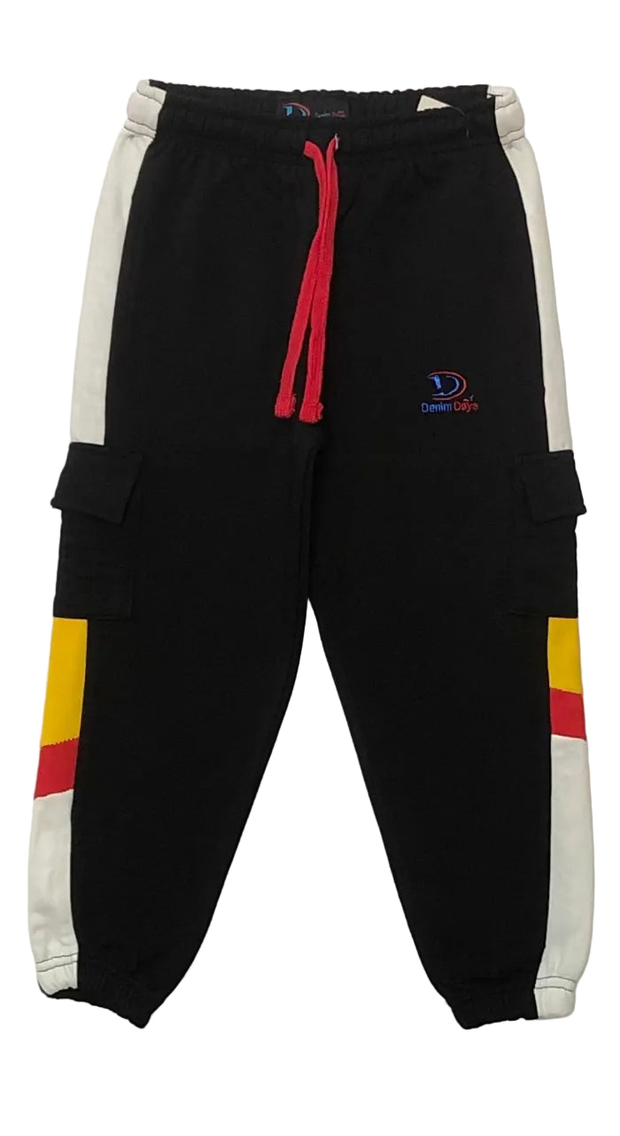 Black cargo jogger pants with colorful accents on a white background