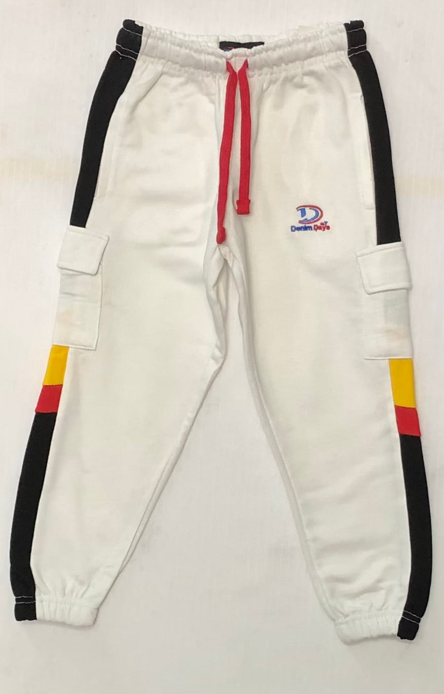 White sweatpants with colorful accents and a logo on a light gray background