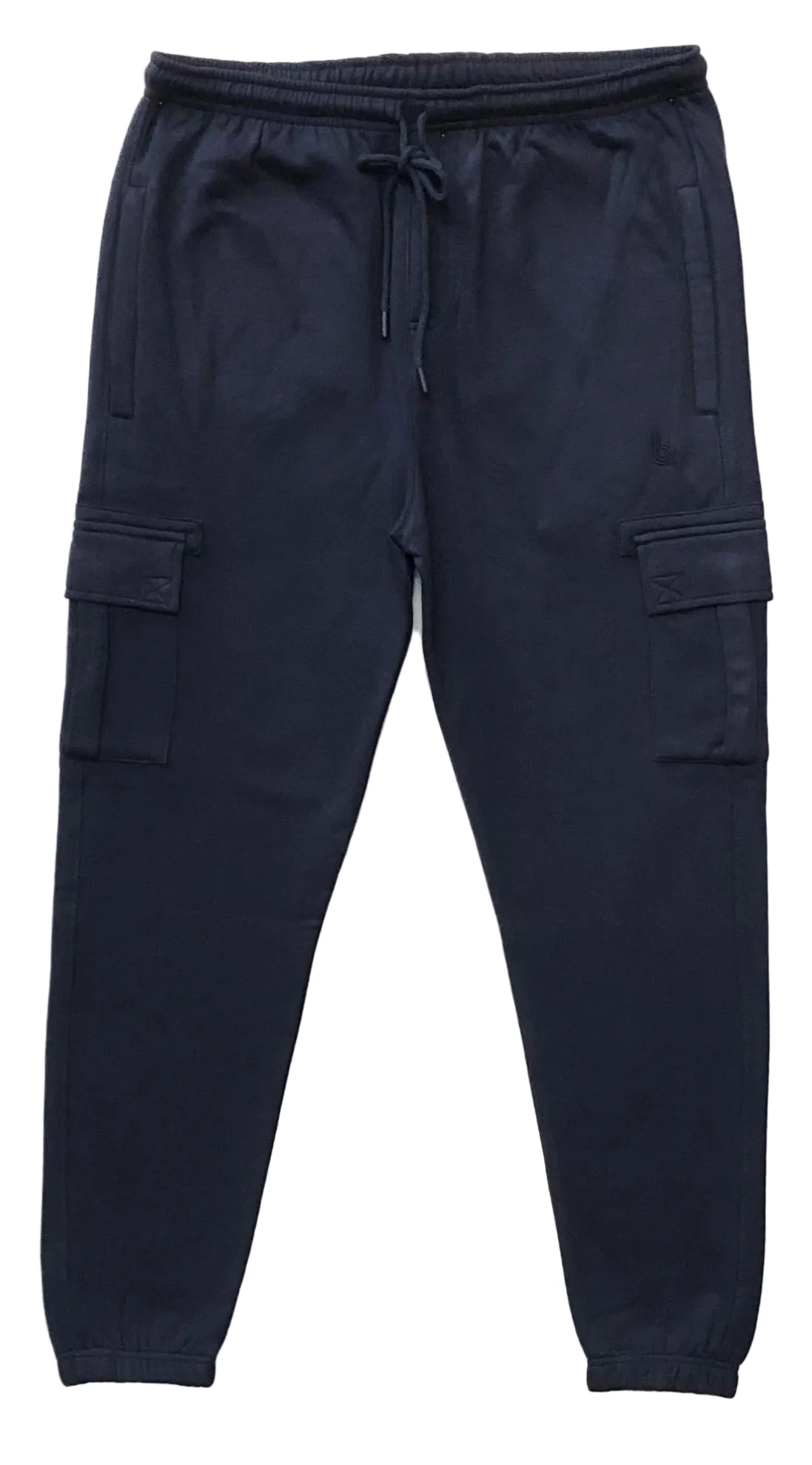 Fleece Navy blue cargo jogger pants on a light beige background