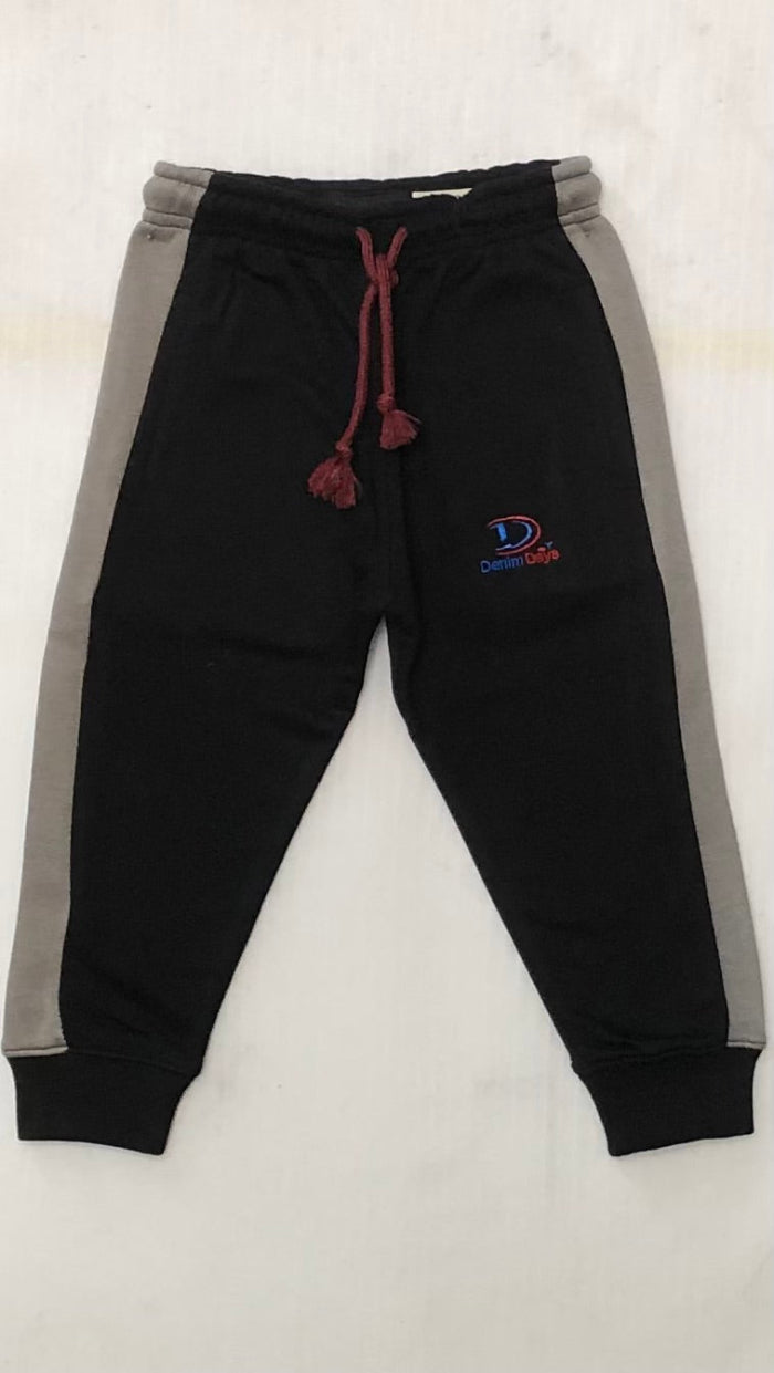 Black and gray Fleece jogger pants with a logo on a light background