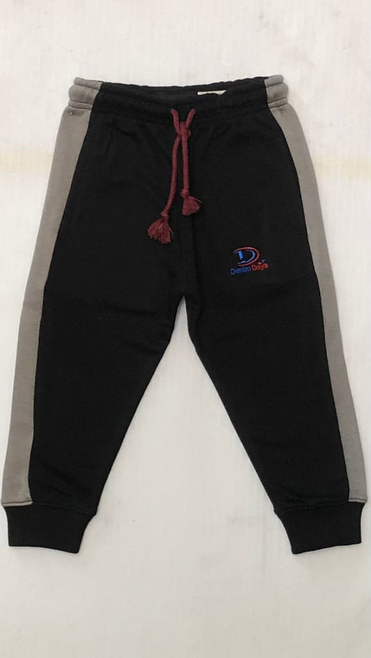 Black and gray Fleece jogger pants with a logo on a light background