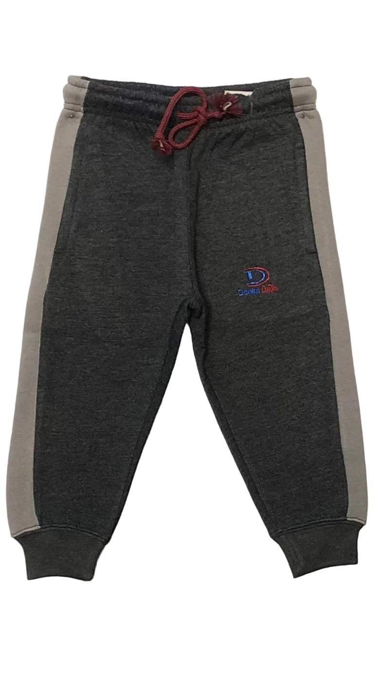 Charcoal Fleece jogger pants with red drawstring and logo on a white background
