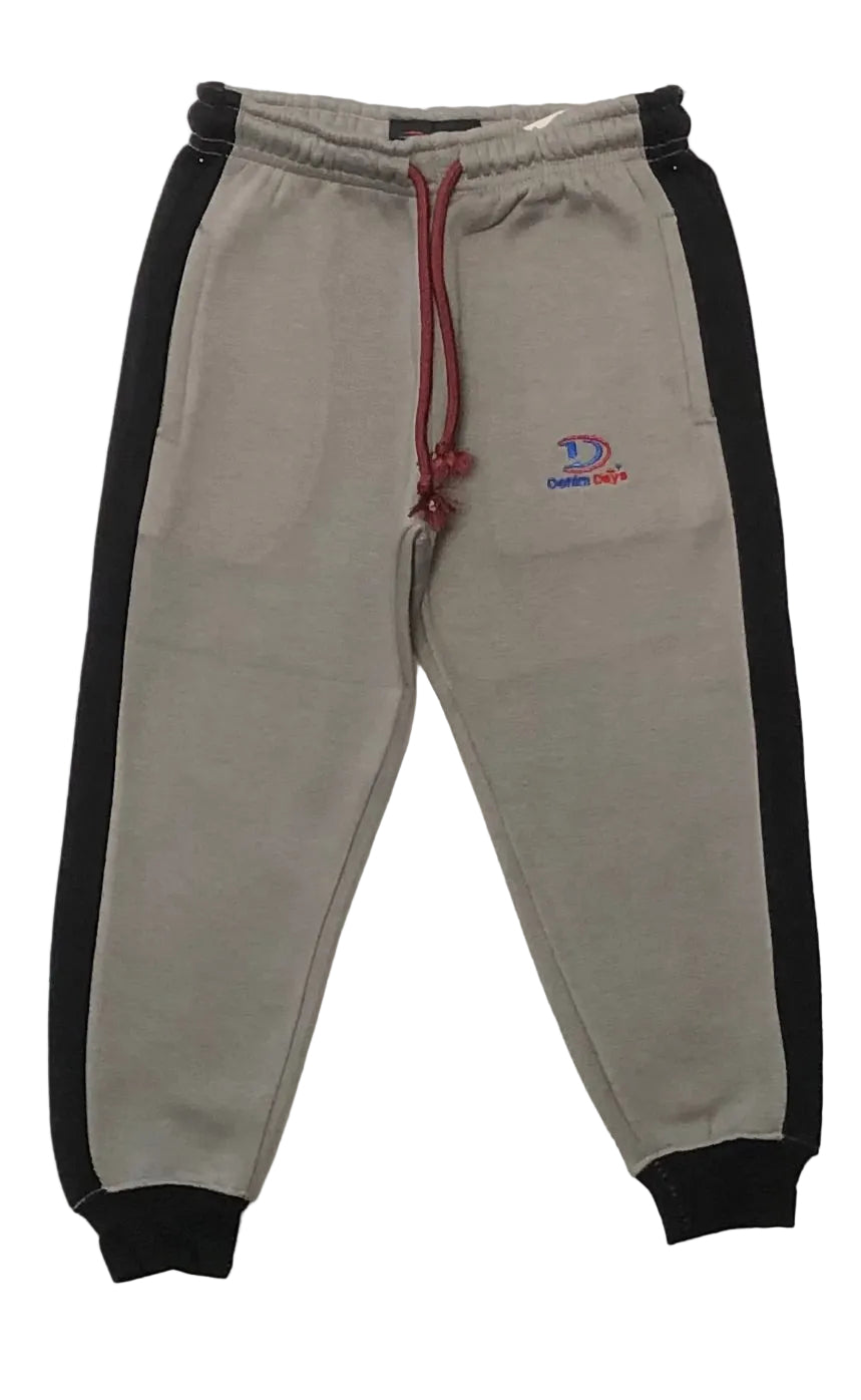 Gray fleece sweatpants with black sides and a red drawstring on a white background