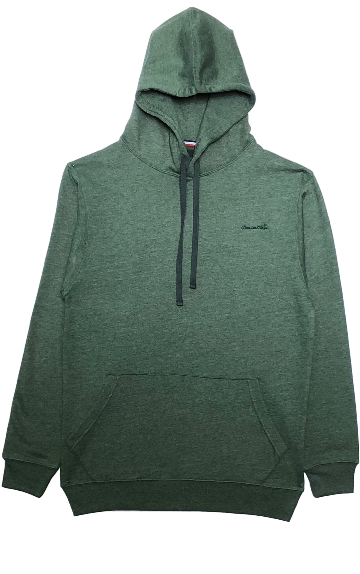 Green hoodie with a small logo on a white background
