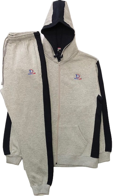 Heather Gray tracksuit with black accents and brand logos on a white background