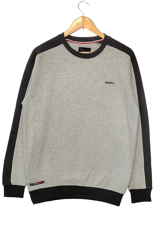 H.Gray sweatshirt with black sleeves on a wooden hanger against a white background
