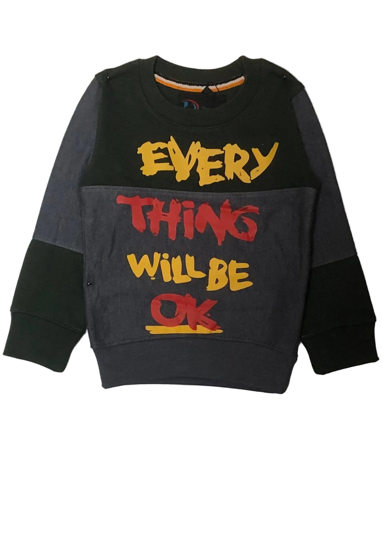 Indigo Blue & Green sweatshirt with 'Everything Will Be OK' text in yellow and red on a white background