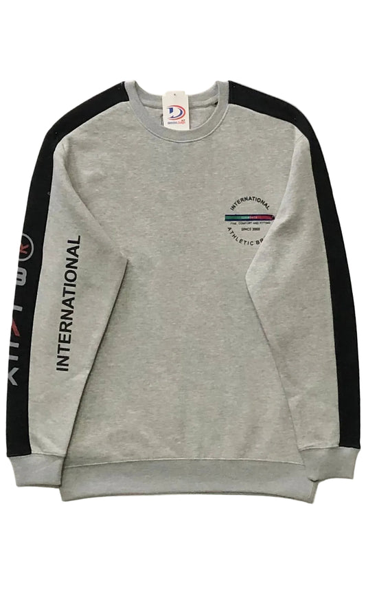 Gray sweatshirt with black sleeves and branding on a white background