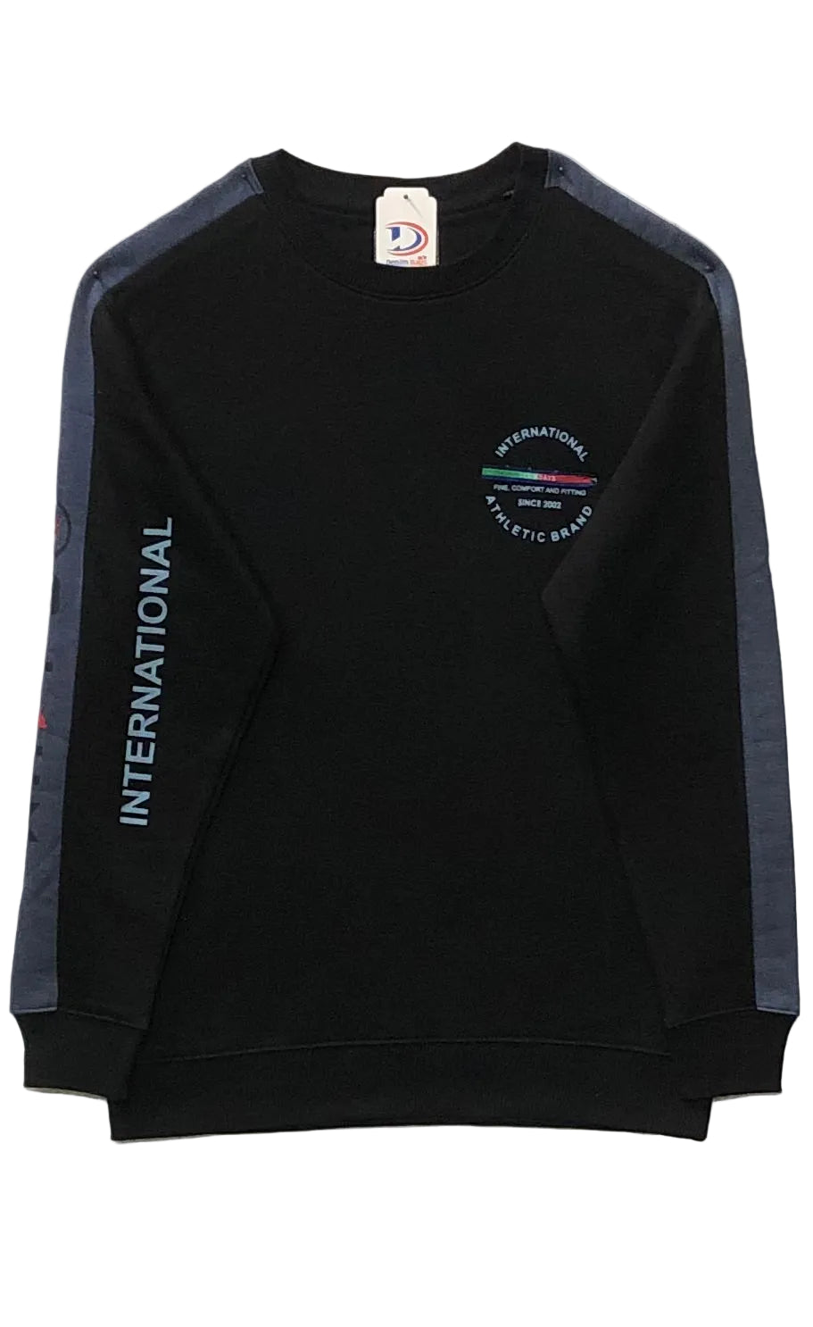 Black sweatshirt with blue accents and a logo on a white background