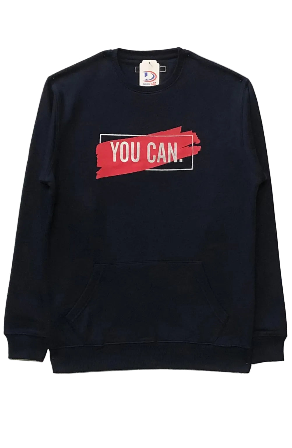 Black sweatshirt with 'YOU CAN' text on a white background