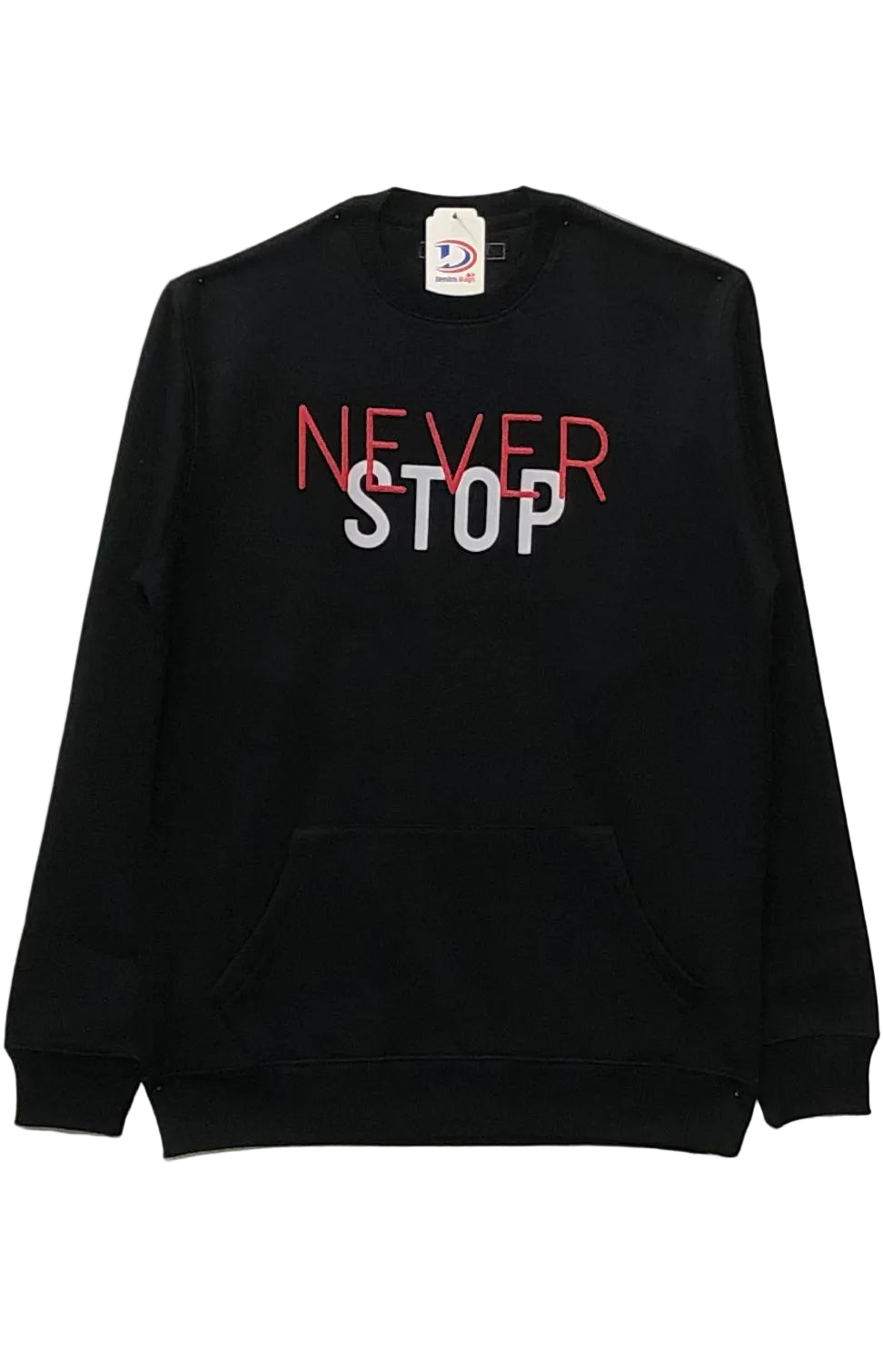 Black sweatshirt with 'NEVER STOP' text on a white background