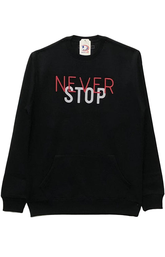 Black sweatshirt with 'NEVER STOP' text on a white background