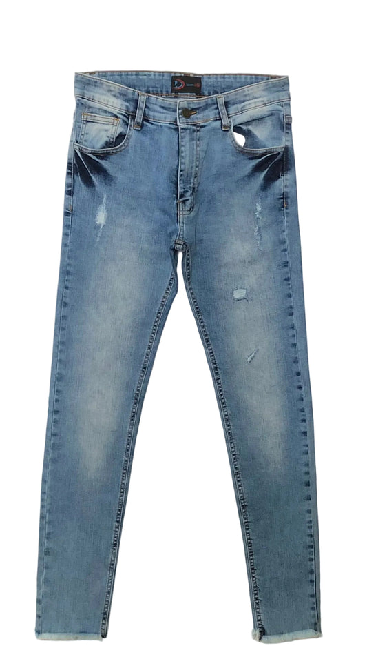 light blue jeans with slight distressing on a white background