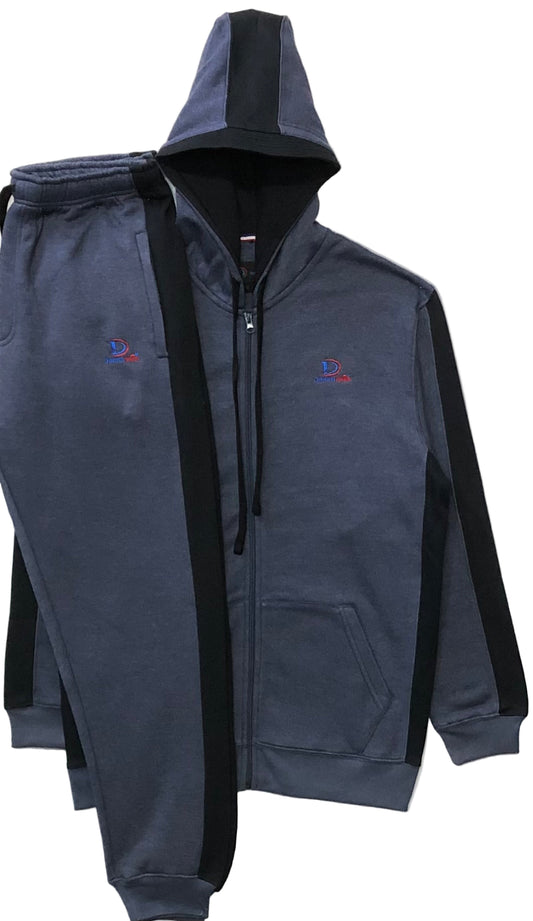 Indigo Blue tracksuit with black accents on a white background