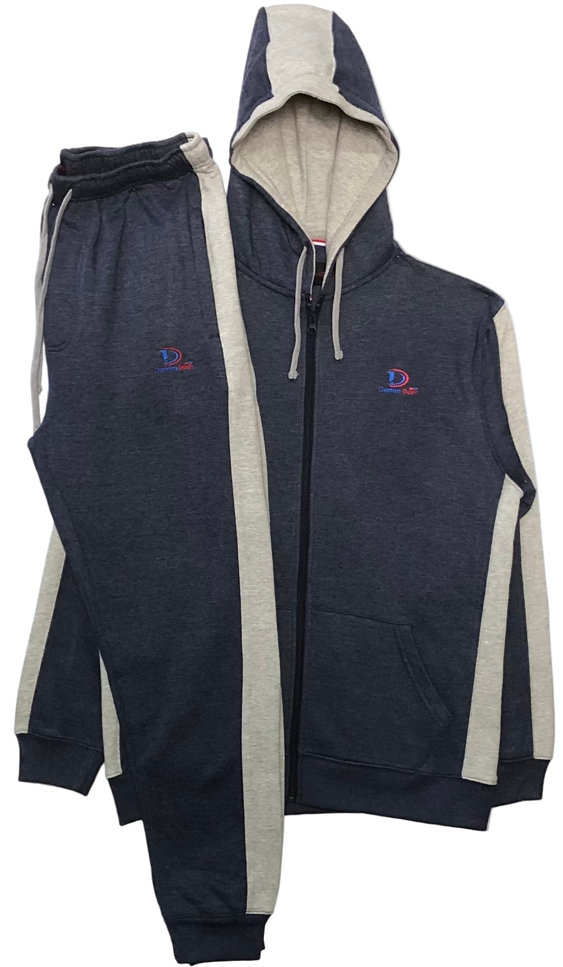 Melange Blue and gray tracksuit with brand logo on a white background