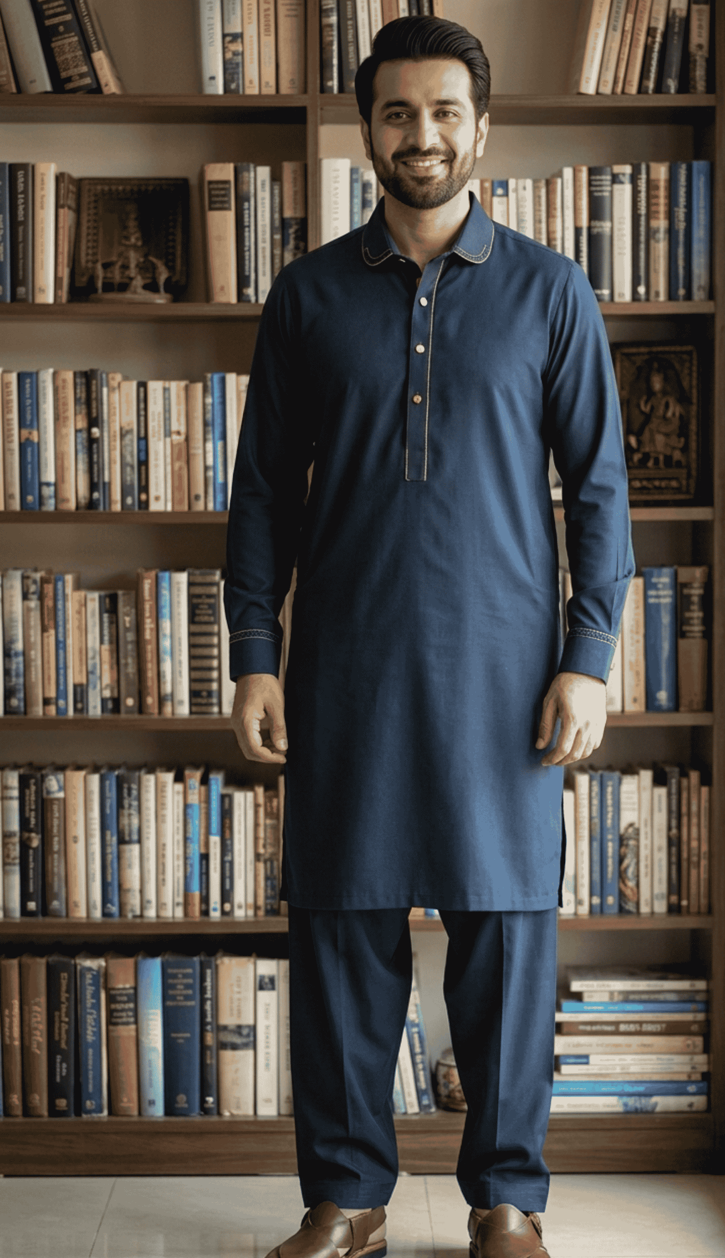 Men’s Executive Blue Hand Made Embroidery Kameez Shalwar – Premium Cotton Traditional Wear