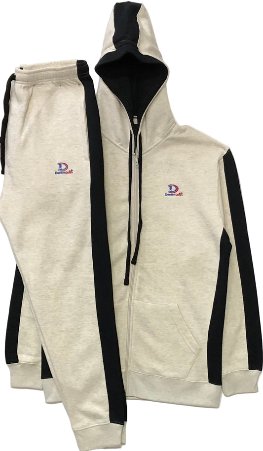 Oatmeal tracksuit with black accents and visible brand logo on a white background