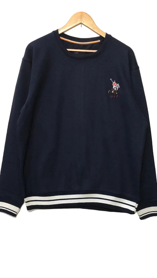 Navy blue sweatshirt with a logo on a hanger against a white background